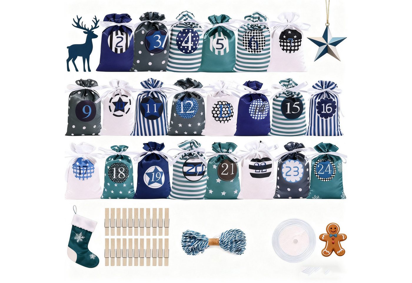 CLTYQ befüllbarer Adventskalender 24 Stück Adventskalender-Taschen,Weihnachts-Countdown-Geschenktüten, Wiederverwendbare Stoff-Geschenktüten mit Kordelzug für DIY Deko CLTYQ befüllbarer Adventskalender 24 Stück Adventskalender-Taschen,Weihnachts-Countdown-Geschenktüten, Wiederverwendbare Stoff-Geschenktüten mit Kordelzug für DIY Deko von CLTYQ