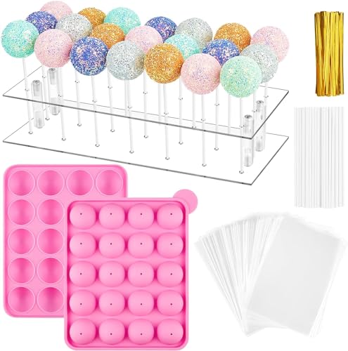 CLUEWR Cake-Pop-Form-Set, komplettes Set mit 1 x 20 Mulden, Silikon-Kuchenform, 21 Löcher, transparenter Acryl-Lutscher-Halter, 100 x transparente Beutel, 100 x Stäbchen und 100 x Bindebänder von CLUEWR