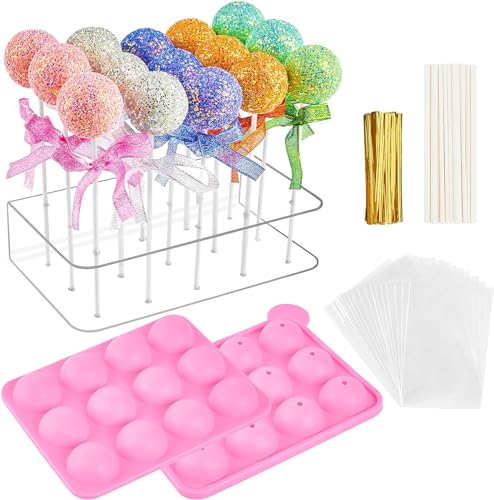 CLUEWR Cake-Pop-Set, Silikon-Backform mit 15 Löchern, Acryl-Lutscher-Halter, 50 Stäbchen,50 transparente Taschen und 50 Bindebänder für Lutscher, Schokolade, Süßigkeiten von CLUEWR
