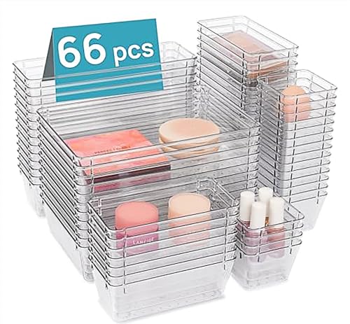 CLUHERTVY 66 Stücke Schubladen Organizer mit 4 Größen,Klar Kunststoff Schminktisch Organizer,Badezimmer Organizer, kosmetik organizer,Einsetzbar für Makeup, Küchen, Büro,Schrank von CLUHERTVY