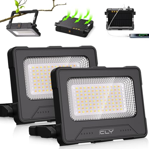 CLV 100W LED Baustrahler 12000MAH Led Arbeitsleuchte Akku Strahler 4 Lichtmodi Campinglampe Tragbar 5 Helligkeiten Solar USB-Aufladung Akku Lampe PowerBank für Camping, Garage, Bau, Reparatur, Notfall von CLV