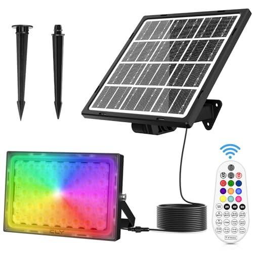 CLV Solar RGB Strahler, RGB Solarleuchte mit Fernbedienung IP66 LED Strahler 10 Farben 6 Helligkeit 30 Dynamische Modi Dimmbar Flutlicht Timer Memory-Funktion Farbwechsel Strahler für Garten Party von CLV
