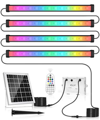 CLV Solarstrahler RGB Solarlampe RGB für außen 4 Stücke mit Fernbedienung IP66 Wasserdichte 12 Farben 5 Modi Farbewechsel Dimmbar RGB Außenstrahler für Gärten Sträucher von CLV