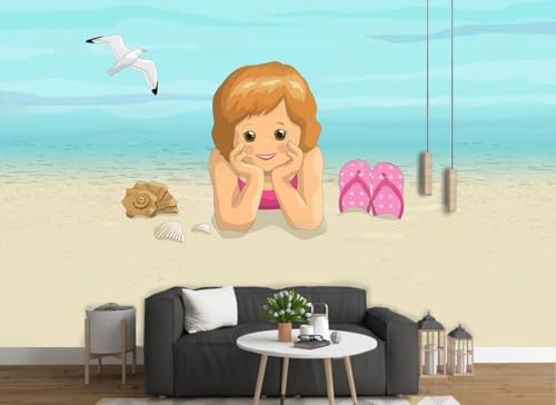 CLVIUJLBKLKSDD Fototapete 3D Effekt Strand 350cmx250cm Cartoon Mädchen am Meer Schlafzimmer Wohnzimmer Wanddeko, Wandbild, Wandtapete von CLVIUJLBKLKSDD