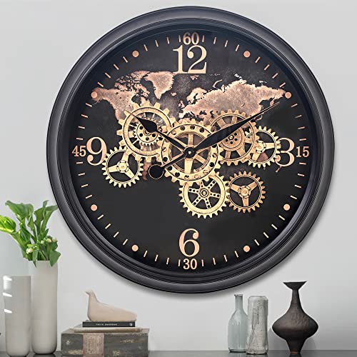 CLXEAST 60 cm Wanduhr mit beweglichen Zahnrädern und Weltkarte, große Schwarze und goldene Metall-Wanduhr für Moderne Landhaus-Wohnzimmerdekoration, einzigartige Wandkunst-Wanduhr von CLXEAST