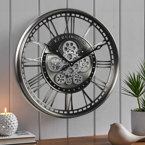 CLXEAST Moderne Wanduhr mit beweglichen Zahnrädern, 53,3 cm, für Wohnzimmer, industrielle Steampunk-Uhren für Bauernhaus, Heimdekoration, römische Ziffern, Rotguss-Nickel-Finish von CLXEAST