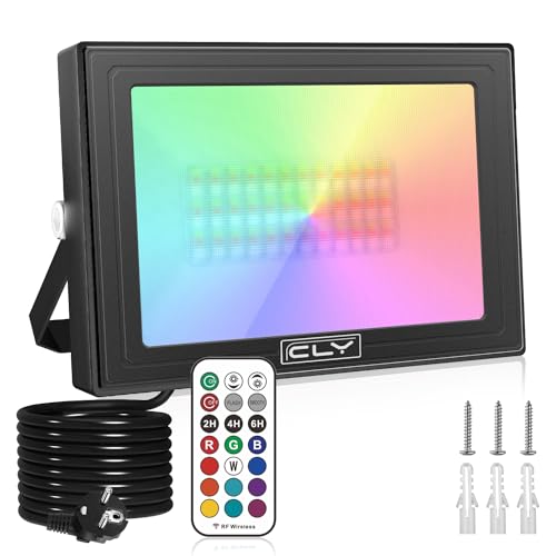 CLY RGB LED Strahler, 60W RGB Strahler mit Fernbedienung 12 Farben 24 Modi Farbwechsel Dimmbar RGB Fluter, Memory Funktion Flutlicht, IP66 Wasserdicht Außenstrahler für Garten Party Aussen Baum von CLY