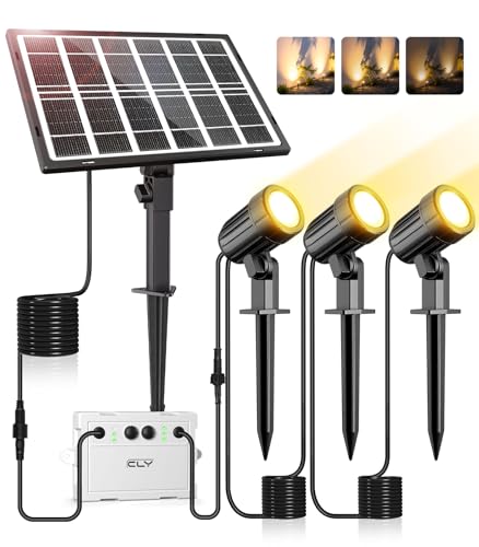 CLY Solar Gartenleuchte 3 Stück 2700K Warmweiß 2 Dynamischer Modus 3 Helligkeit Gartenbeleuchtung mit Erdspieß 5000MAH IP66 Wasserdicht Solar Strahler für Außen Garten Rasen Terrasse von CLY