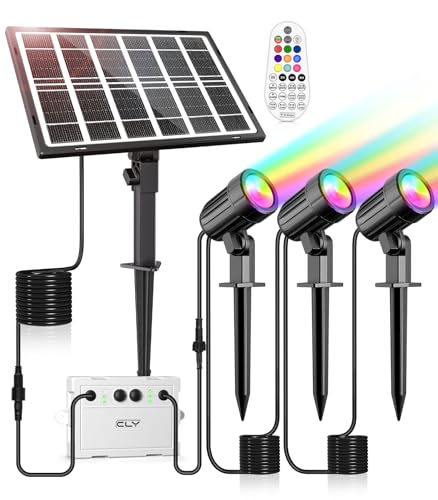 CLY Solar RGB Strahler, RGB Solarleuchte mit Fernbedienung IP66 LED Strahler 10 Farben 6 Helligkeit 30 Dynamische Modi Dimmbar Flutlicht Timer Memory-Funktion Farbwechsel Strahler für Garten 3 in 1 von CLY