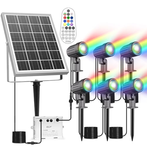 CLY Solar RGB Strahler 6 Stück Gartenbeleuchtung RGB mit Fernbedienung 3 Zyklusmodi Speicherfunktion Timing-Funktion IP66 Wasserdicht Solarlampe RGB für Garten, Pfad und Balkon von CLY