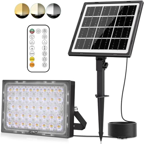 CLY Solar Strahler Außen mit Fernbedienung 30W 2600LM Solarstrahler 2700K 4000K 6000K 2 Helligkeit Solarlampen für Außen 2 Dynamische Modi Timing-Funktion 5000mAh Solar Aussenleuchte IP66 Wasserdicht von CLY