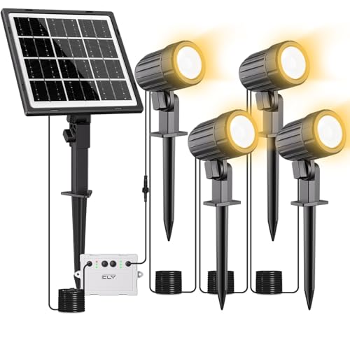 CLY Solar Gartenleuchte 4 Stück 2700K Warmweiß 2 Dynamischer Modus 3 Helligkeit Gartenbeleuchtung Solar mit Erdspieß 5000MAH IP66 Wasserdicht Solar Strahler für Außen Garten Rasen Terrasse von CLY