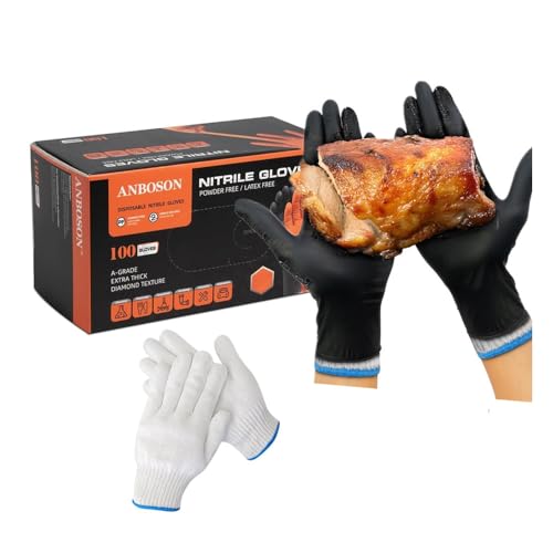 CLYCTIP BBQ Gloves 2 Cotton Glove Liners and 100 Disposable Gloves Washable Cotton Liners Powder Latex Free Nitrile Gloves (schwarz) (schwarz, XL) von CLYCTIP