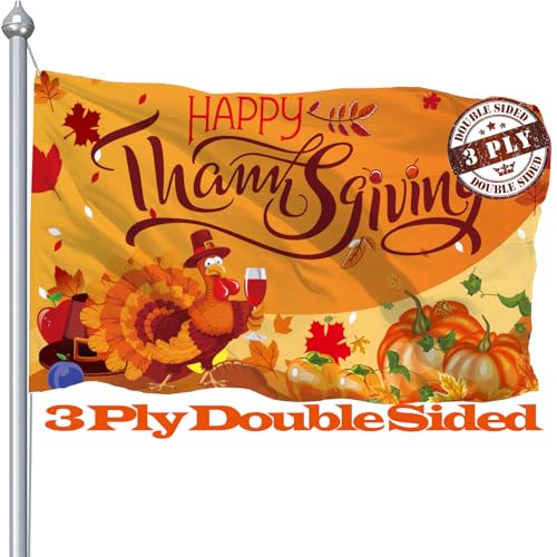 Thanksgiving-Flagge, 7,6 x 12,7 cm, doppelseitige Happy Thanks Giving-Fahnenmast, 3-lagig, 90 x 152 cm, Türkei-Ahornblätter, Ernte-Herbst-Banner, Gartenflagge mit UV-beständig Thanksgiving-Flagge, 7,6 x 12,7 cm, doppelseitige Happy Thanks Giving-Fahnenmast, 3-lagig, 90 x 152 cm, Türkei-Ahornblätter, Ernte-Herbst-Banner, Gartenflagge mit UV-beständig von CLYTTE