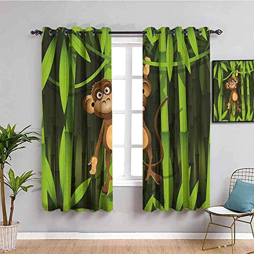 CLZLH Gardinen Wohnzimmer Vorhang Blickdicht Verdunkelungsvorhänge 3D Digitaldruck Karikatur Grün Dschungel AFFE Ösenvorhang 70X160Cm（B X H） 2Er Set Kinderzimmer Schlafzimmer Ösenschal Schallschutz von CLZLH