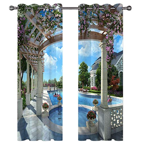 Vorhänge Wohnzimmer Blickdicht Gardinen Verdunkelungsvorhang Schlafzimmer Kinderzimmer Thermovorhang Fensterdekoration 3D Villa-Garten-Swimmingpool Muster Ösenschal 2Er Set H 183 x B 183 cm von CLZLH
