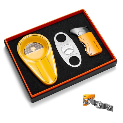 Zigarrenfeuerzeug mit Zigarrenschneider & Zigarren Aschenbecher Set, 3 in 1 Sturmfeuerzeug Edelstahl Zigarren Cutter Classic Ceramic Aschenbecher, Perfektes Zigarrenzubehör mit Geschenkbox (Gelb) von CLZOONG