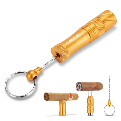 CLZOONG 4 in 1 Tragbare Zigarrennadel aus Edelstahl, Zigarrennadel und Zigarrenhalter mit Schlüsselring (Gold) von CLZOONG