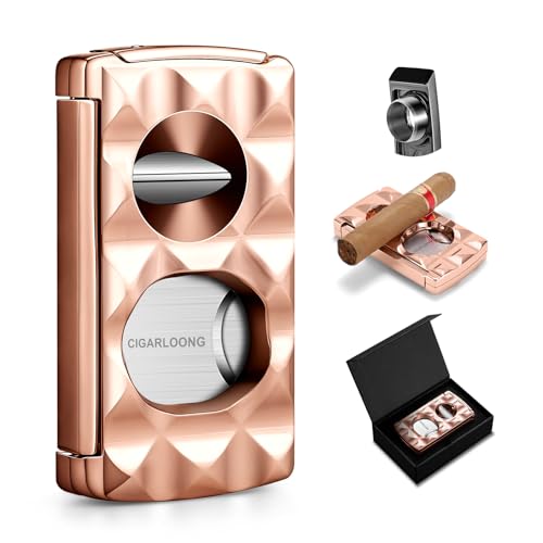 CLZOONG 4-in-1 Zigarrenschneider Edelstahl Doppelte Klinge Guillotine, V-Cutter, Zigarren Punch, Zigarren-Accessoires mit Diamantmuster Finish (Roségold) von CLZOONG