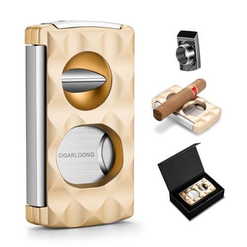 CLZOONG 4-in-1 Zigarrenschneider Edelstahl Doppelte Klinge Guillotine, V-Cutter, Zigarren Punch, Zigarren-Accessoires mit Diamantmuster Finish (Gold) von CLZOONG