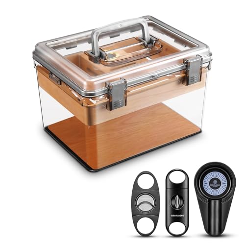 CLZOONG Acryl Zigarren Humidor Set mit Luftbefeuchter und Hygrometer, transparenter Humidor Fall Eingebautes Zedernregal, tragbarer Desktop Humidor Box Lagerung für etwa 70 Zigarren (Small) von CLZOONG