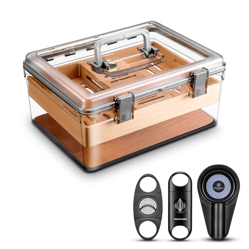 CLZOONG Acryl Zigarren Humidor Set mit Luftbefeuchter und Hygrometer, transparenter Humidor Fall Eingebautes Zedernregal, tragbarer Desktop Humidor Box Lagerung für etwa 80 Zigarren (Medium) von CLZOONG