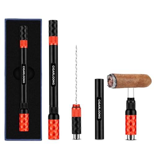 CLZOONG Zigarren Punch 4-in-1 Zigarrenstanzer Draw Enhancer Tool mit Dual-Size Zigarrenpunsch Drill Zigarrenschneider Edelstahl Twin Nubber für Blockage Zigarre Zubehör (Schwarz Rot) von CLZOONG
