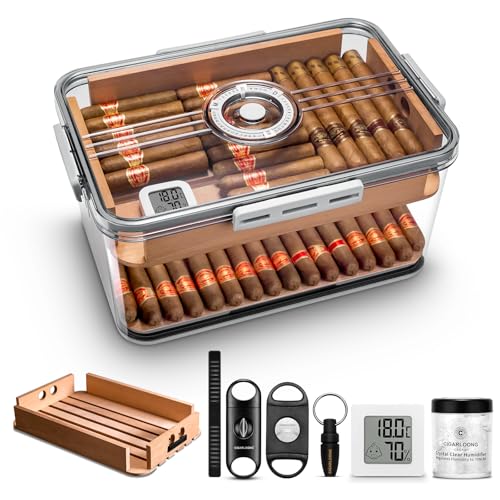 Zigarren Humidor Box mit Luftbefeuchter und Hygrometer, Zedernregal für luftdichten Acryl-Humidor kann ungefähr 100 Zigarren einschließlich Zigarrenschneider und Zigarrenpunsch von CLZOONG