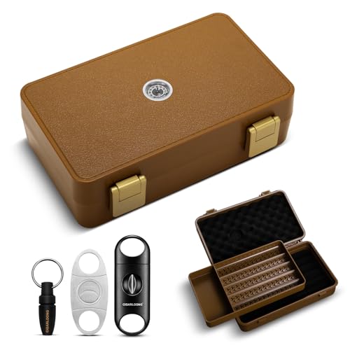 CLZOONG Zigarren Reise Humidor mit Luftbefeuchter und Hygrometer, Zigarrenkoffer mit 3 Zigarrenschneidern, hält bis zu 10 Zigarren (braun) von CLZOONG