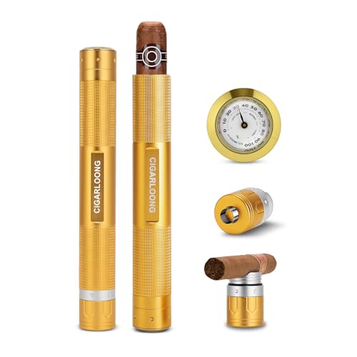 CLZOONG Zigarrenetui 3-in-1 Edelstahl Zigarrenrohr mit Hygrometer, Zigarrenpunsch und Zigarrenhalter, langlebiger Zigarrenkoffer für Outdoor-Reise-tragbare Lagerung (Gold) von CLZOONG