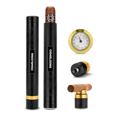 Humidor Edelstahl Zigarrenrohr Humidor mit Hygrometer und Zigarrenstempel und Zigarrenhalter, 3 in 1 Zigarren-Humidor Reise im Freien (Schwarz) von CLZOONG