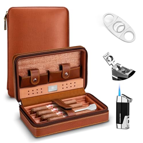 Leder Zigarren Humidor Reise Set mit Zigarrenschneider & 2-in-1 Zigarrenfeuerzeug mit Zigarrenpunsch, Tragbarer Zigarrenbox mit Hygrometer, Zedernholz Auskleidung für Hält 4 Zigarren (Braun) von CLZOONG