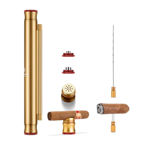 Travel Cigar Humidor Tube 5-in-1 Multifunktionale Zigarrenwerkzeuge mit luftdichtem Deckel, Zigarrenetui Tube mit eingebautem Befeuchter, Zigarrenhalter, Zigarrenstanze mit Geschenkbox (Gold) von CLZOONG