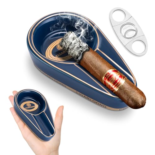 Zigarren Aschenbecher Classic Single Schlitzen Keramik Aschenbecher mit Edelstahl Zigarrenschneider, Tragbare Drinnen und Draußen Zigarrenaschenbecher Zigarren Zubehör für Männer (Blau) von CLZOONG