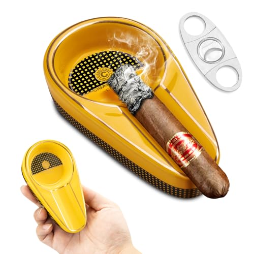 Zigarren Aschenbecher Classic Single Schlitzen Keramik Aschenbecher mit Edelstahl Zigarrenschneider, Tragbare Drinnen und Draußen Zigarrenaschenbecher Zigarren Zubehör für Männer (Gelb) von CLZOONG