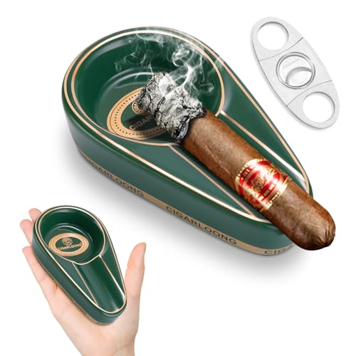 Zigarren Aschenbecher Classic Single Schlitzen Keramik Aschenbecher mit Edelstahl Zigarrenschneider, Tragbare Drinnen und Draußen Zigarrenaschenbecher Zigarren Zubehör für Männer (Grün) von CLZOONG