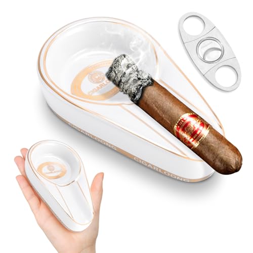 Zigarren Aschenbecher Classic Single Schlitzen Keramik Aschenbecher mit Edelstahl Zigarrenschneider, Tragbare Drinnen und Draußen Zigarrenaschenbecher Zigarren Zubehör für Männer (Weiß) von CLZOONG