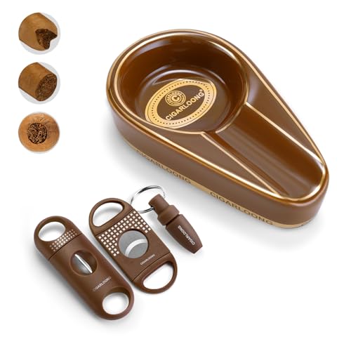 Zigarren Aschenbecher und Zigarrenschneider Set, Tragbare Keramik Aschenbecher mit Cigar Cutter Guillotine, V-Cut Cutter, Zigarrenpunsch, Zigarrenzubehör Set mit Geschenkbox für Männer (Braun) von CLZOONG