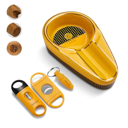 Zigarren Aschenbecher und Zigarrenschneider Set, Tragbare Keramik Aschenbecher mit Cigar Cutter Guillotine, V-Cut Cutter, Zigarrenpunsch, Zigarrenzubehör Set mit Geschenkbox für Männer (Gelb) von CLZOONG