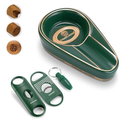 Zigarren Aschenbecher und Zigarrenschneider Set, Tragbare Keramik Aschenbecher mit Cigar Cutter Guillotine, V-Cut Cutter, Zigarrenpunsch, Zigarrenzubehör Set mit Geschenkbox für Männer (Grün) von CLZOONG