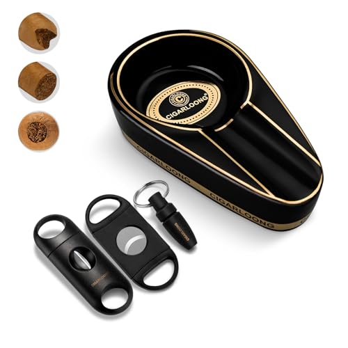 Zigarren Aschenbecher und Zigarrenschneider Set, Tragbare Keramik Aschenbecher mit Cigar Cutter Guillotine, V-Cut Cutter, Zigarrenpunsch, Zigarrenzubehör Set mit Geschenkbox für Männer (Schwarz) von CLZOONG