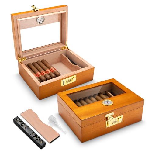 Zigarren Humidor Spanische Zeder Hölzerne Zigarrenbox mit Sicherheitsschloss, Zigarren Desktop Box mit Luftbefeuchter und Hygrometer Halten bis zu 20 Zigarren, Keine Schubladen (Orange) von CLZOONG