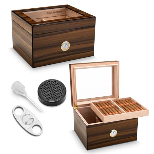 Zigarren Humidor Zeder Zigarre Desktop Humidor Glasplatte mit Zigarrenschneider, Hygrometer & Befeuchter, große Kapazität Dual-Zone Zigarre Storage Box für hält 50-75 Zigarren ﻿ (Large) von CLZOONG