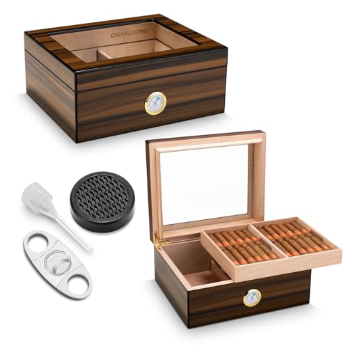 Zigarren Humidor Zeder Zigarre Desktop Humidor Glasplatte mit Zigarrenschneider, Hygrometer & Befeuchter, große Kapazität Dual-Zone Zigarre Storage Box für hält 50-75 Zigarren ﻿ (Medium) von CLZOONG