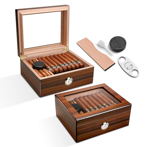 Zigarren Humidor Zedernholz Humidor Zigarrenbox mit Zigarrenabschneider, Befeuchter und Hygrometer, Glasplatte Humidor Case für Zigarrenliebhaber (Medium) von CLZOONG