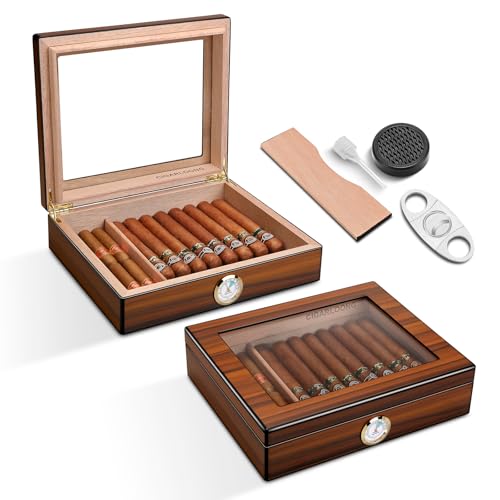Zigarren Humidor Zedernholz Humidor Zigarrenbox mit Zigarrenabschneider, Befeuchter und Hygrometer, Glasplatte Humidor Case für Zigarrenliebhaber (Small) von CLZOONG