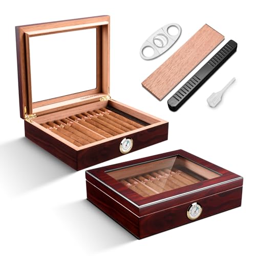 Zigarren Humidore Spanisches Zedernholz, Eleganter Humidor mit Hygrometer und Befeuchter & Zigarrenschneider Zedernholz Humidor Etui Zigarren-Desktop-Box Geschenke für Männer (Dunkelrot) von CLZOONG
