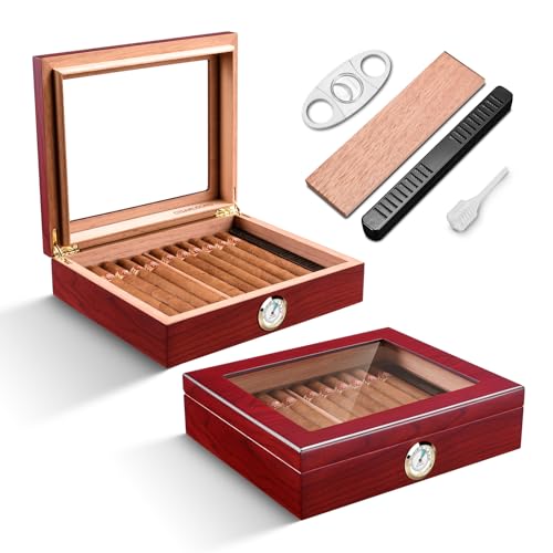 Zigarren Humidore Spanisches Zedernholz, Eleganter Humidor mit Hygrometer und Befeuchter & Zigarrenschneider Zedernholz Humidor Etui Zigarren-Desktop-Box Geschenke für Männer (Rot) von CLZOONG