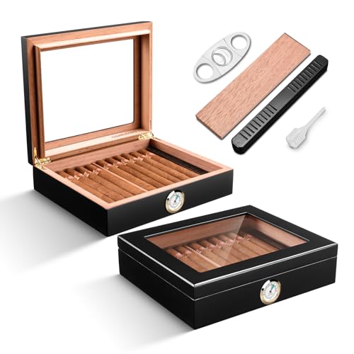 Zigarren Humidore Spanisches Zedernholz, Eleganter Humidor mit Hygrometer und Befeuchter & Zigarrenschneider Zedernholz Humidor Etui Zigarren-Desktop-Box Geschenke für Männer (Schwarz) von CLZOONG