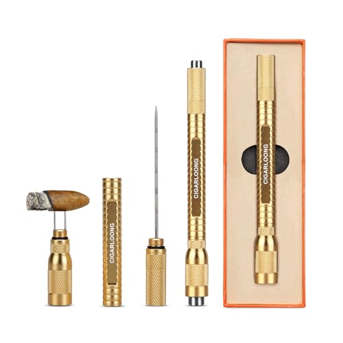 Zigarren Punch 4-in-1 Zigarrenstanzer Draw Enhancer Tool für Dual-Size Zigarrenpunsch, Edelstahl Twin Needle für Blockage mit Geschenkbox (Gold) von CLZOONG